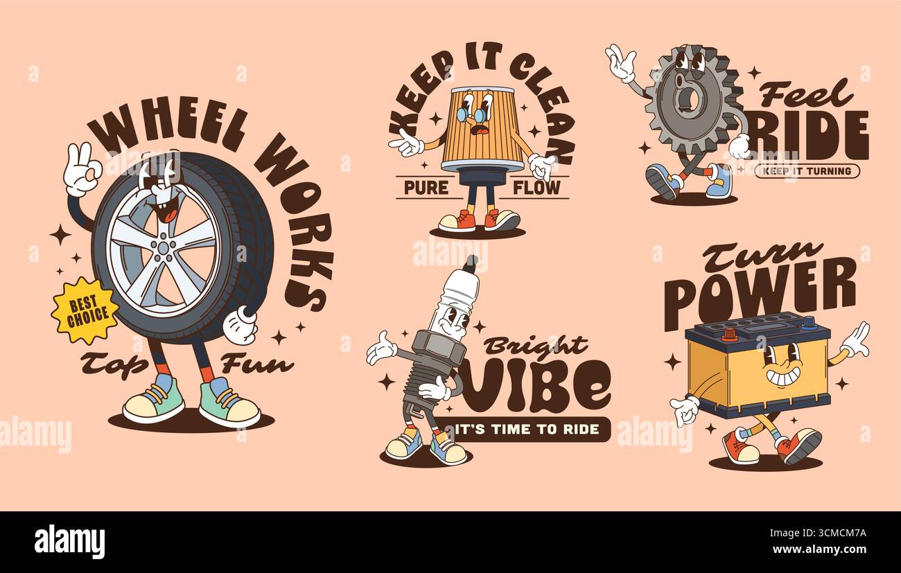 I pezzi di ricambio per veicoli originali i personaggi gli adesivi retrò e i dettagli dell'auto personificano le stampe delle t shirt. Adesivi scanalati per la manutenzione automatica vettoriale, ruote a cartoni, pneumatici e ingranaggi, candele e caratteri del filtro dell'olio Illustrazione Vettoriale