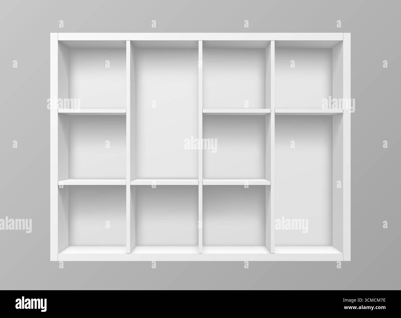 Libreria vuota bianca isolata su sfondo vettoriale a parete. vista frontale degli scaffali realistici in 3d di librerie, librerie o negozi, arredi per interni di uffici e abitazioni. Moderna libreria bianca o espositore Illustrazione Vettoriale
