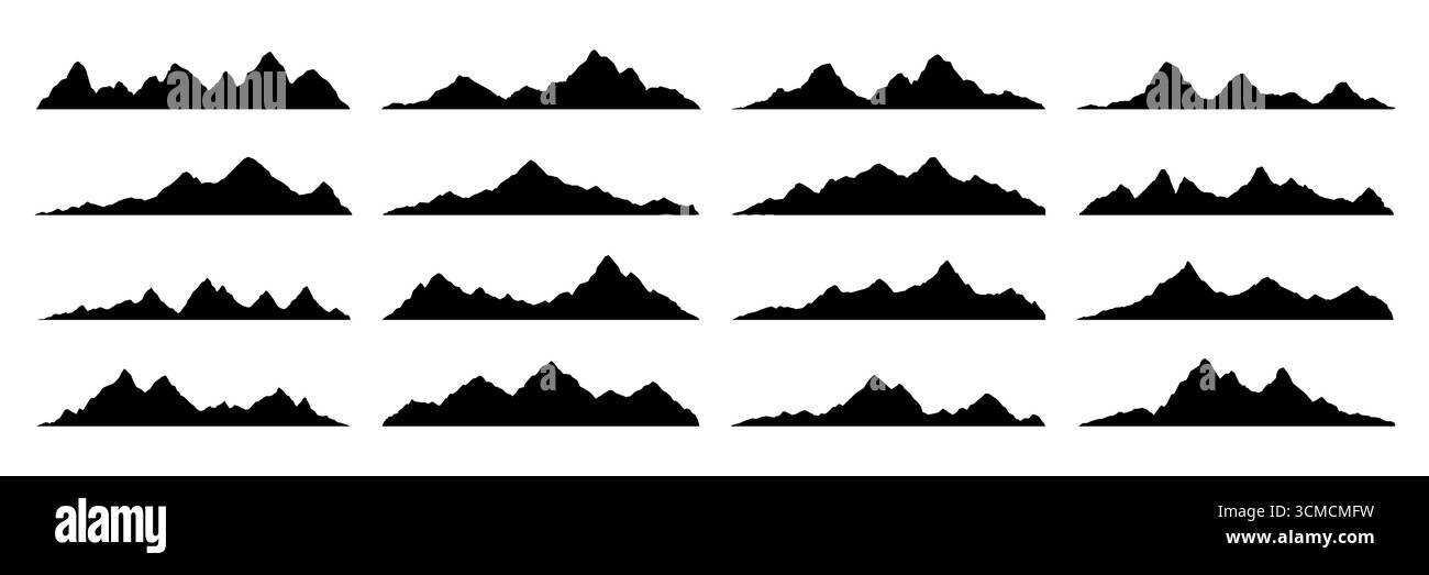 Colline di roccia nera e profili montani di forme rocciose di vallata, icone vettoriali. Cime di montagna o catene di canyon e profili alpini delle colline della valle per escursioni, campeggio o viaggi Illustrazione Vettoriale
