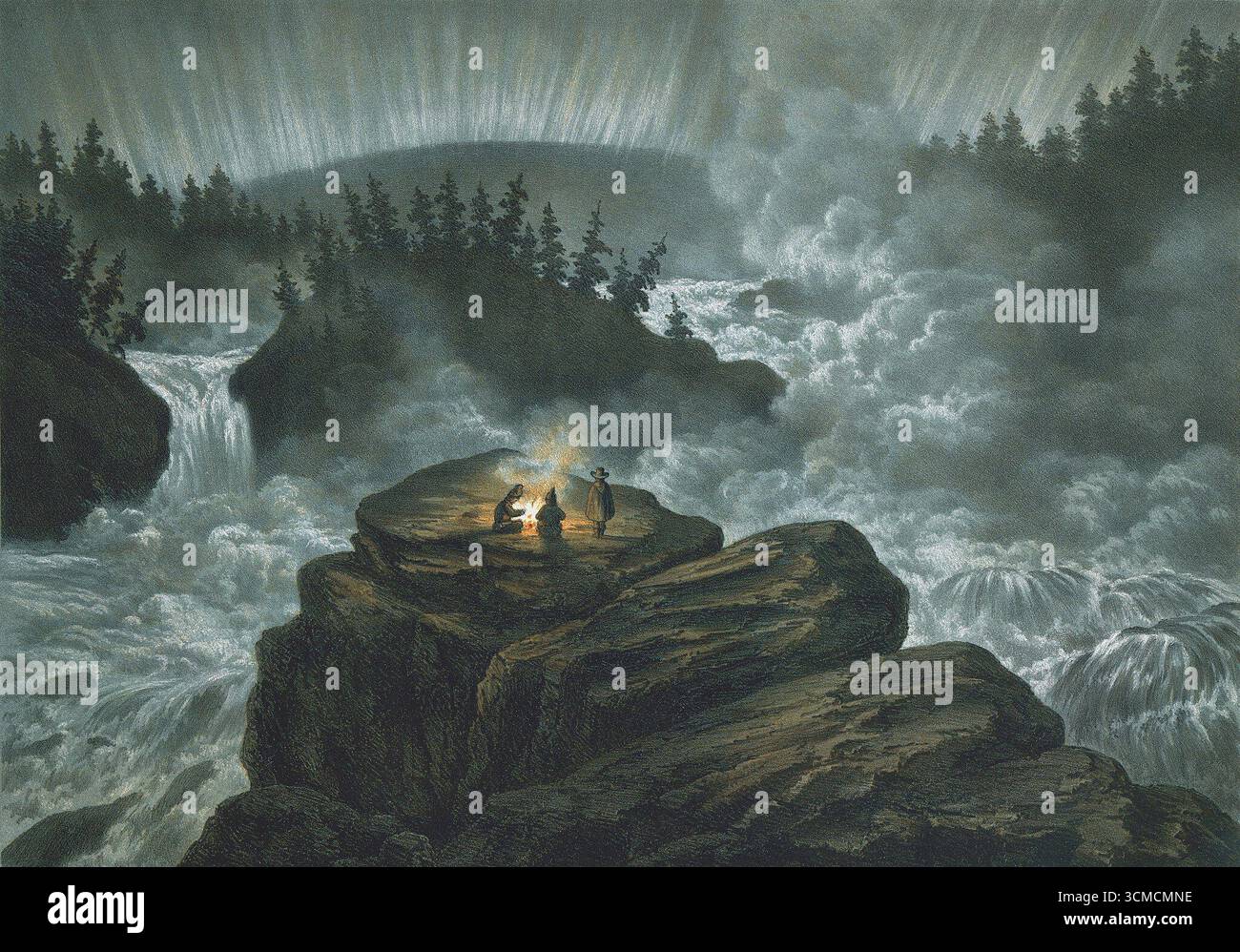 Cromolitografia storica della cascata Njommelsaska, Lapponia, di Carl Svante Hallbeck, 1856. Mostra Harsprånget sul fiume Lule sotto l'aurora boreale. Foto Stock