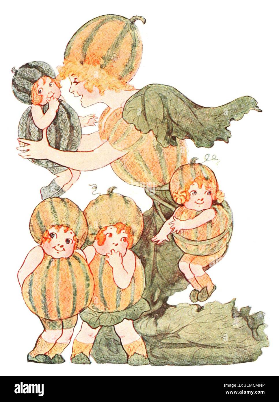 Illustrazione vintage di Muskmelon di Mother Earth's Children: The Frolics of the Fruits and Vegetables di Marion T. Ross. Pubblicato nel 1914 Foto Stock