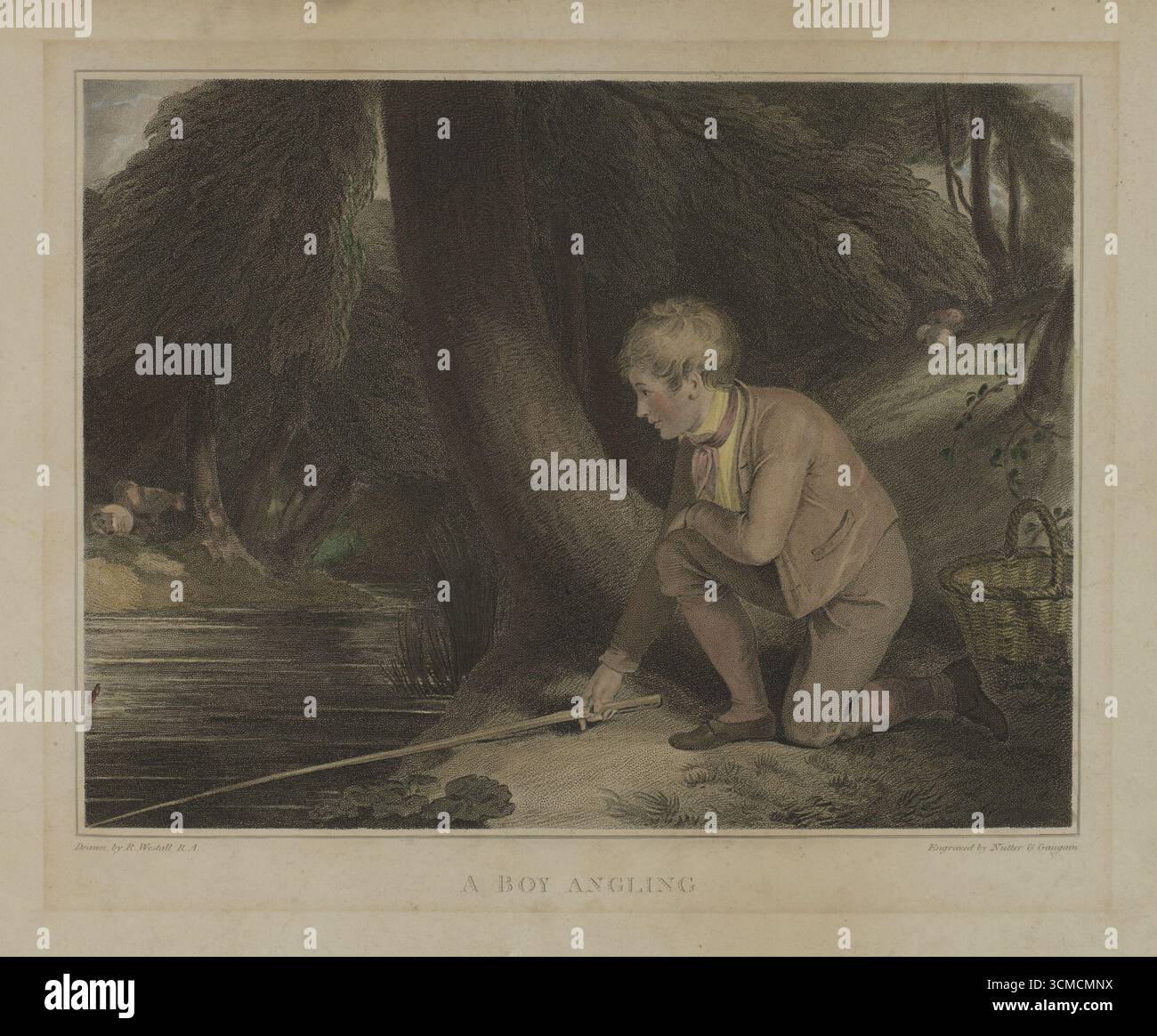 A Boy Angling, incisione di William Nutter e Thomas Gaugain dopo Richard Westall, non datata. Scena pastorale di un ragazzo che pesca accanto a un fiume con un cestino sulla riva. Foto Stock