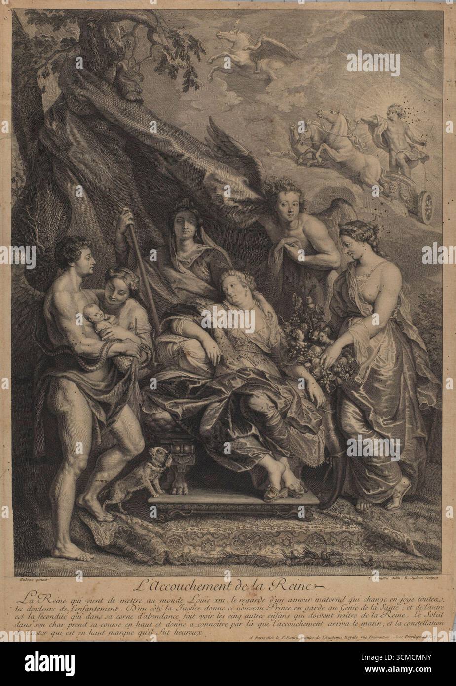 L'Accouchement de la Reine, incisione di Benoit Audran i, francese XVII-XVIII secolo. Scena allegorica che celebra la nascita di Luigi XIV, raffigurante figure di giustizia, salute e abbondanza. Foto Stock