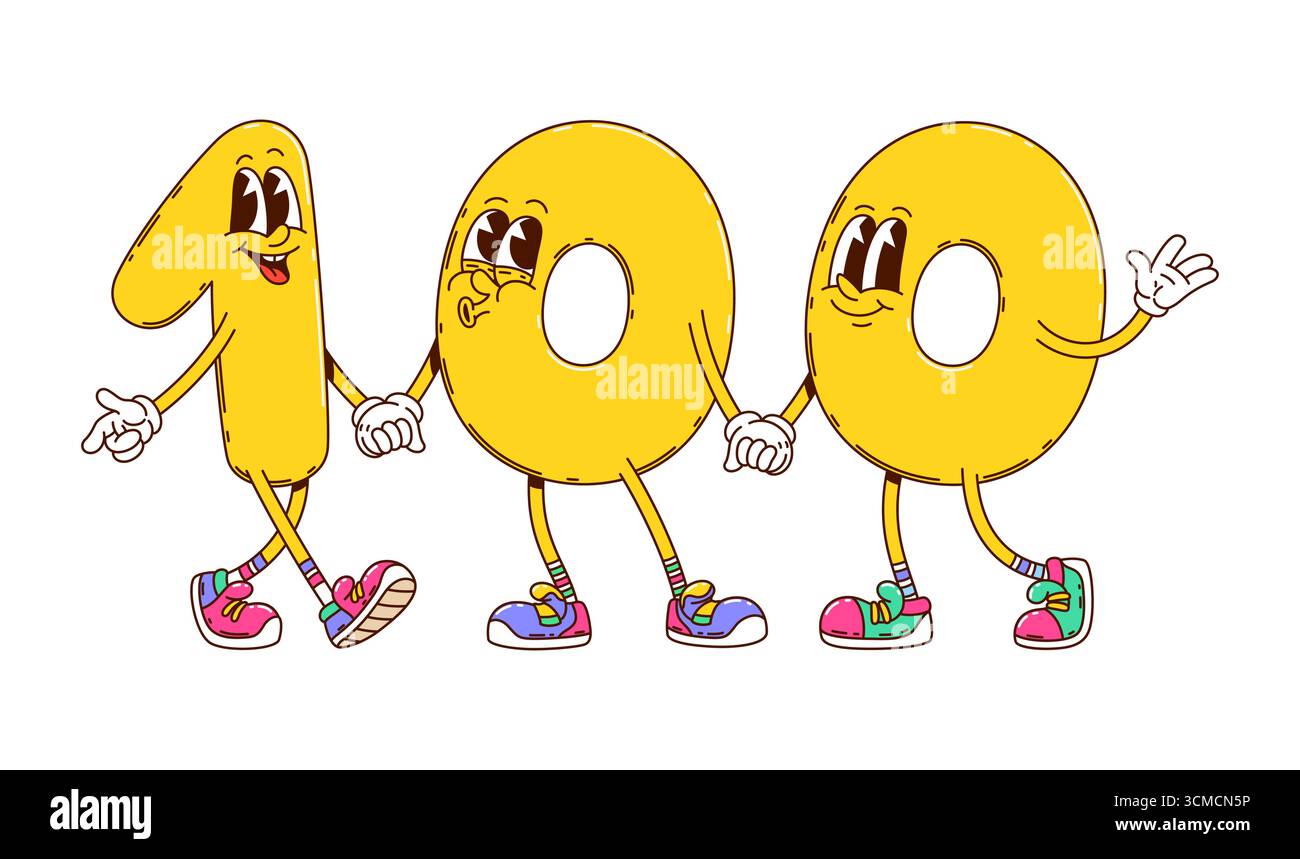 Cartoon Groovy Math Number 100 character, personaggio scolastico. Numeri gialli giocosi vettoriali 1, 0 e 0 con volti animati che tengono le mani e camminano insieme creando una cifra di cento cifre Illustrazione Vettoriale