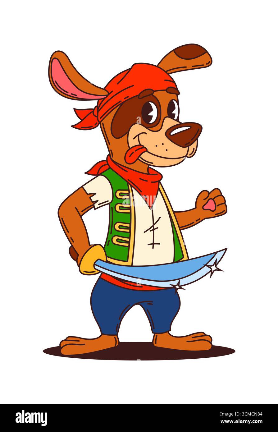 Cartoni animati animati animato animaletto pirata e personaggio corsaro. Vettoriale isolato simpatico e intrepido personaggio di cucciolo con una sciabola scintillante, che naviga per i mari alla ricerca di ossa sepolte e avventure epiche Illustrazione Vettoriale