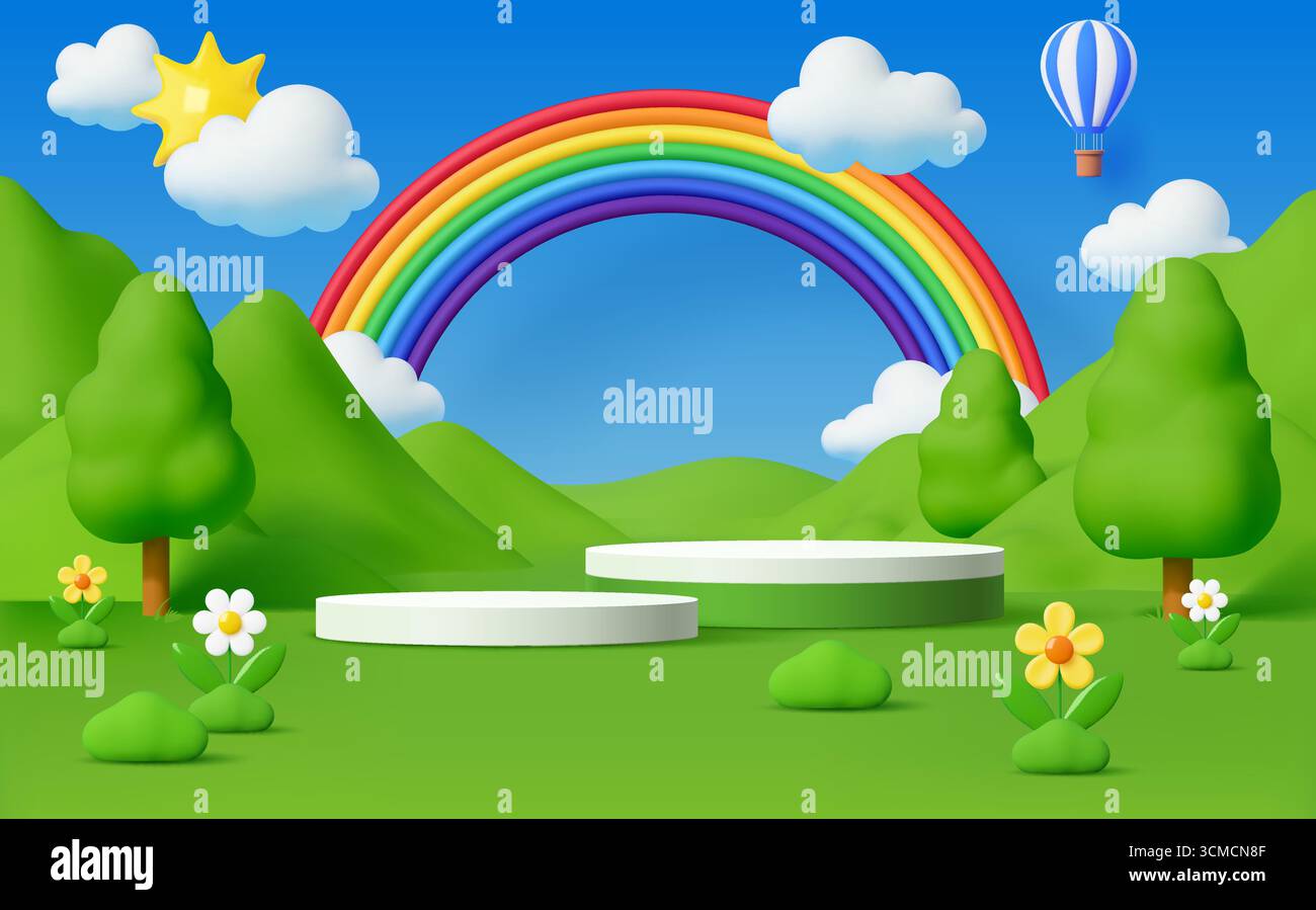 Podio per bambini con erba verde, colline di montagna e arcobaleno, mongolfiera, soffici nuvole e fiori. palcoscenico vettoriale 3d nel giardino estivo con fiori e vegetazione. Ambientazione e scena animati divertenti Illustrazione Vettoriale