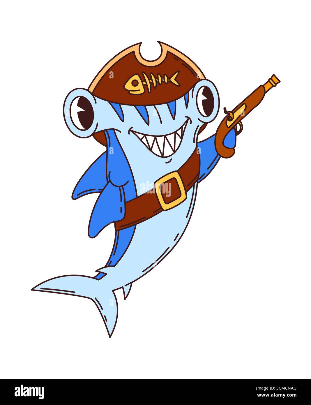 Cartoni animati simpatico squalo martello di mare, pirata e corsaro, con grin toothy, cappello tricorno e pistola a pietra focaia. Predatore marino vettoriale isolato, personaggio dell'equipaggio della nave pronto per le avventure Illustrazione Vettoriale