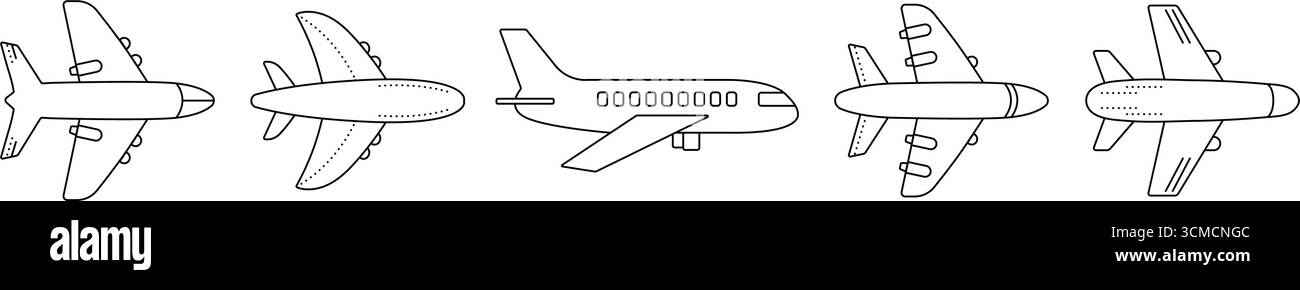 Set di icone della linea nera dell'aereo, raccolta di segni del piano monocromatico vettoriale, pittogrammi dell'aereo con tratto modificabile Illustrazione Vettoriale