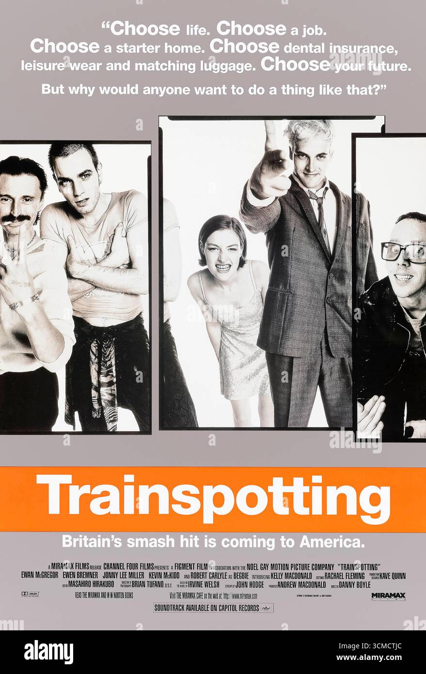 Trainspotting (1996) diretto da Danny Boyle e interpretato da Ewan McGregor, Robert Carlyle e Jonny Lee Miller. Una commedia nera grintosa su un gruppo di eroinisti che navigano la vita, la dipendenza e l'amicizia a Edimburgo. Fotografia di un poster originale del 1996 USA a un foglio SOLO PER USO EDITORIALE. Credito: BFA / Miramax Foto Stock