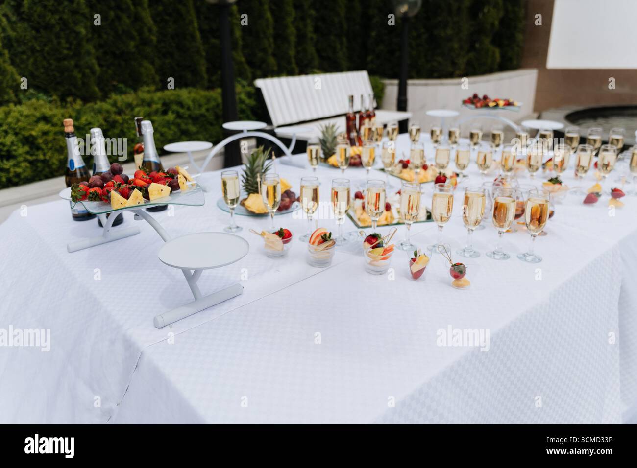 Tavolo a buffet all'aperto con champagne, frutta e spuntini organizzato per una festa Foto Stock