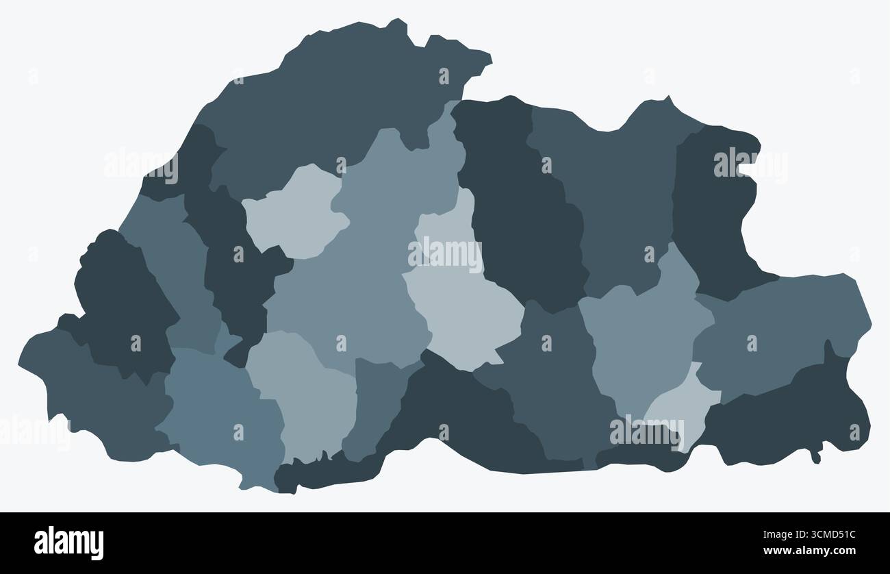 Mappa del Bhutan con le regioni. Solo una semplice mappa di confine con la divisione della regione. Tavolozza dei colori blu/grigio. Illustrazione Vettoriale
