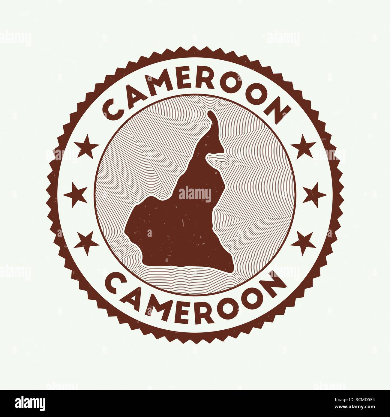 Emblema del Camerun. Francobollo rotondo con la forma di Camerun, isolini e testo rotondo. Distintivo fantastico. Illustrazione vettoriale creativa. Illustrazione Vettoriale