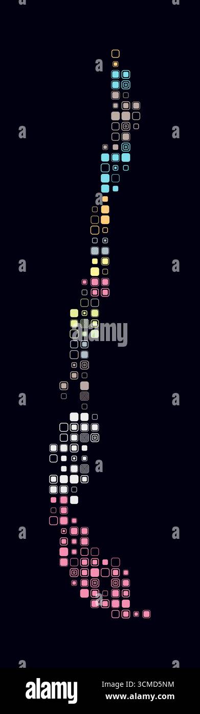 Cile, forma del paese costruito di celle colorate. Mappa digitale del Cile su sfondo scuro. Blocchi quadrati arrotondati di piccole dimensioni. Illustrazione Vettoriale