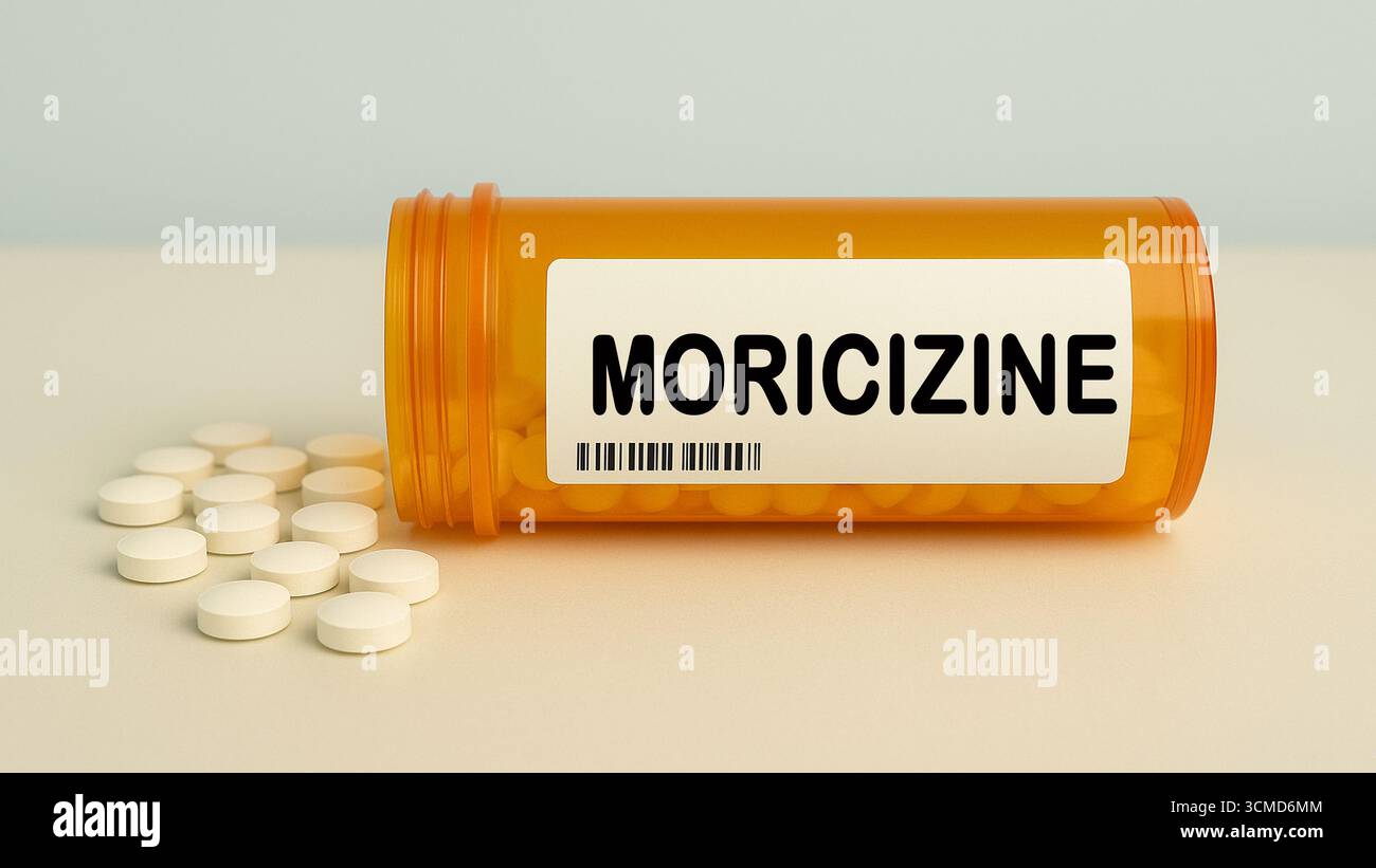 Scatola di compresse di MORICIZINE su un tavolo della farmacia ospedaliera usato per trattare ritmi cardiaci irregolari e antiaritmici. Foto Stock