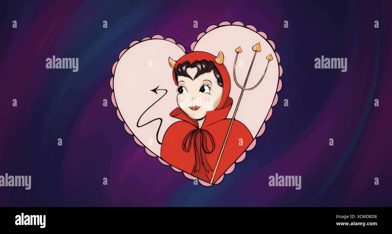 Mostra il diavolo sullo sfondo digitale indossando un mantello rosso che regge il forcone nel cuore rosa con coda a freccia Foto Stock