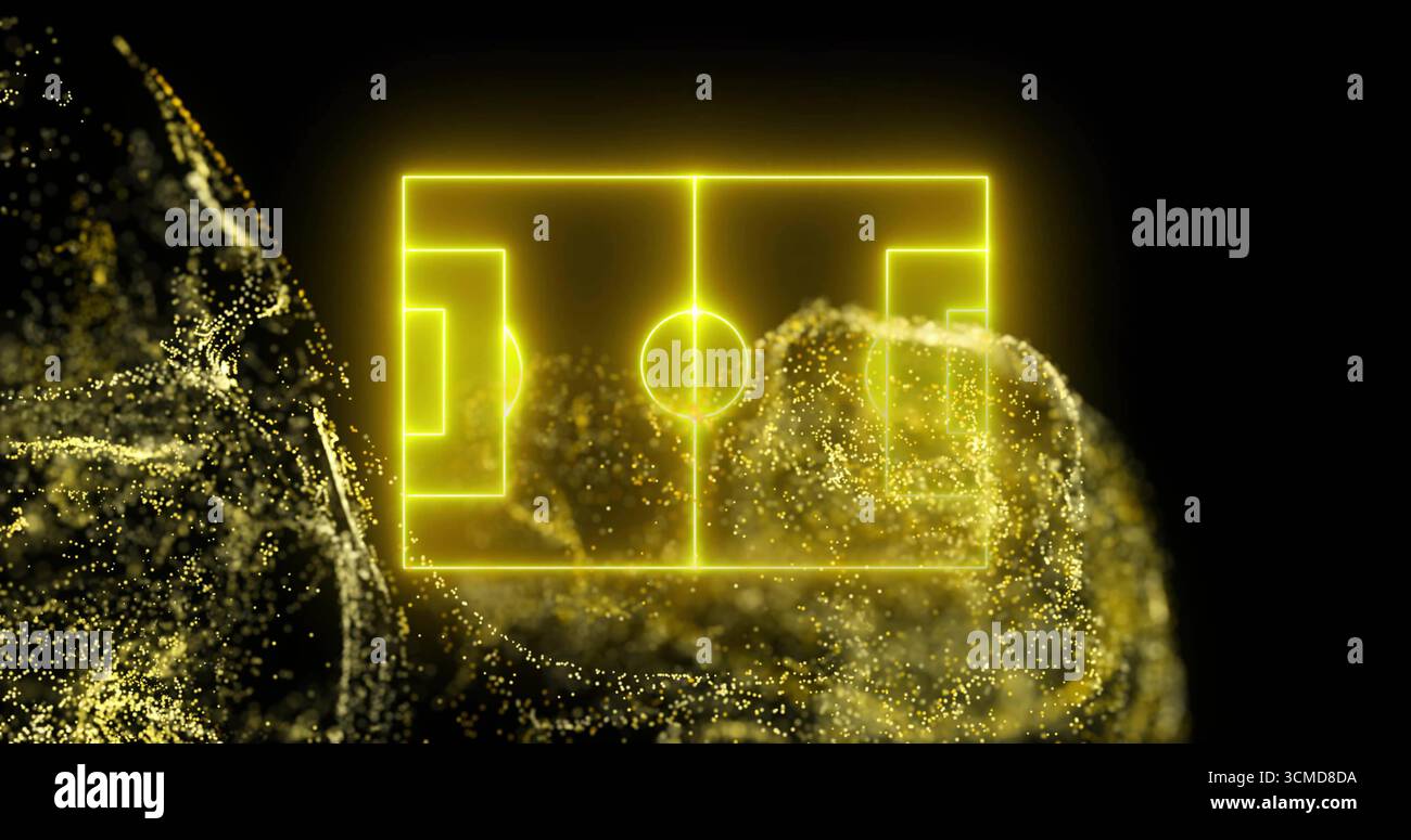 Il campo da calcio giallo neon galleggiante si staglia in un vuoto digitale, con nuvole d'oro vorticose Foto Stock