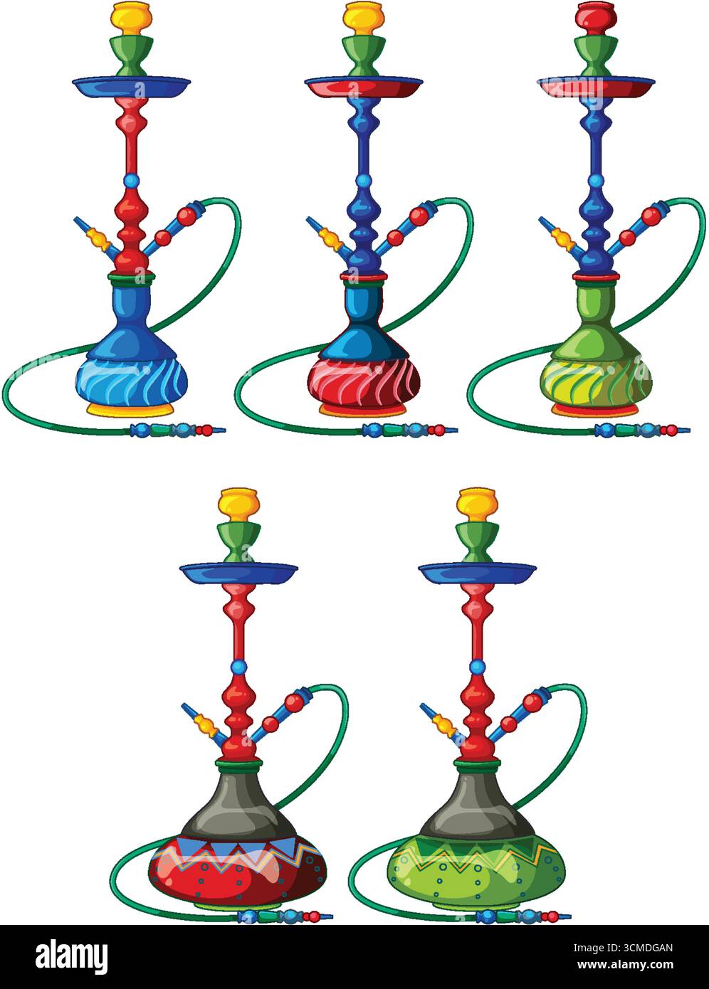 Quattro vivaci narghilè con basi ornate, colori vivaci, linee vettoriali pulite e sfondo bianco Illustrazione Vettoriale