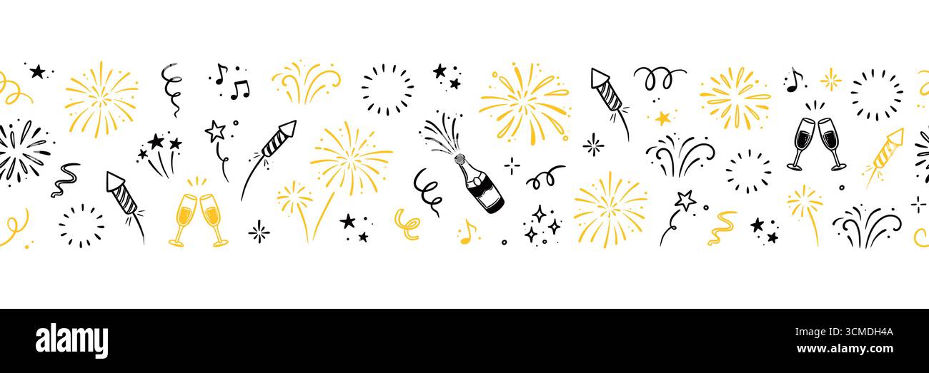 Sfondo dei fuochi d'artificio di Capodanno. Sfondo natalizio disegnato a mano con fuochi d'artificio, schizzo di stelle e corietti per il compleanno, la festa o il nuovo anno. Doodle festività natalizie. Illustrazione vettoriale Illustrazione Vettoriale