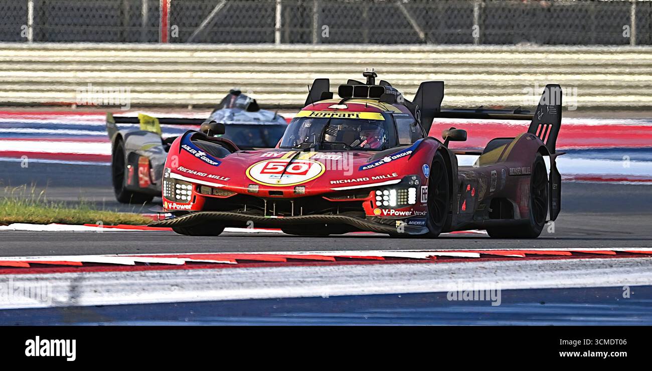 La Ferrari AF Corse 499P No 50 hypercar di Antonio fuoco, Miguel Molina e Nicklas Nielsen si piazza secondo durante il Lone Star Lemans 2025 sul circuito delle Americhe, domenica 7 settembre 2025, ad Austin, testo (Bert Richardson/immagine dello sport) Foto Stock