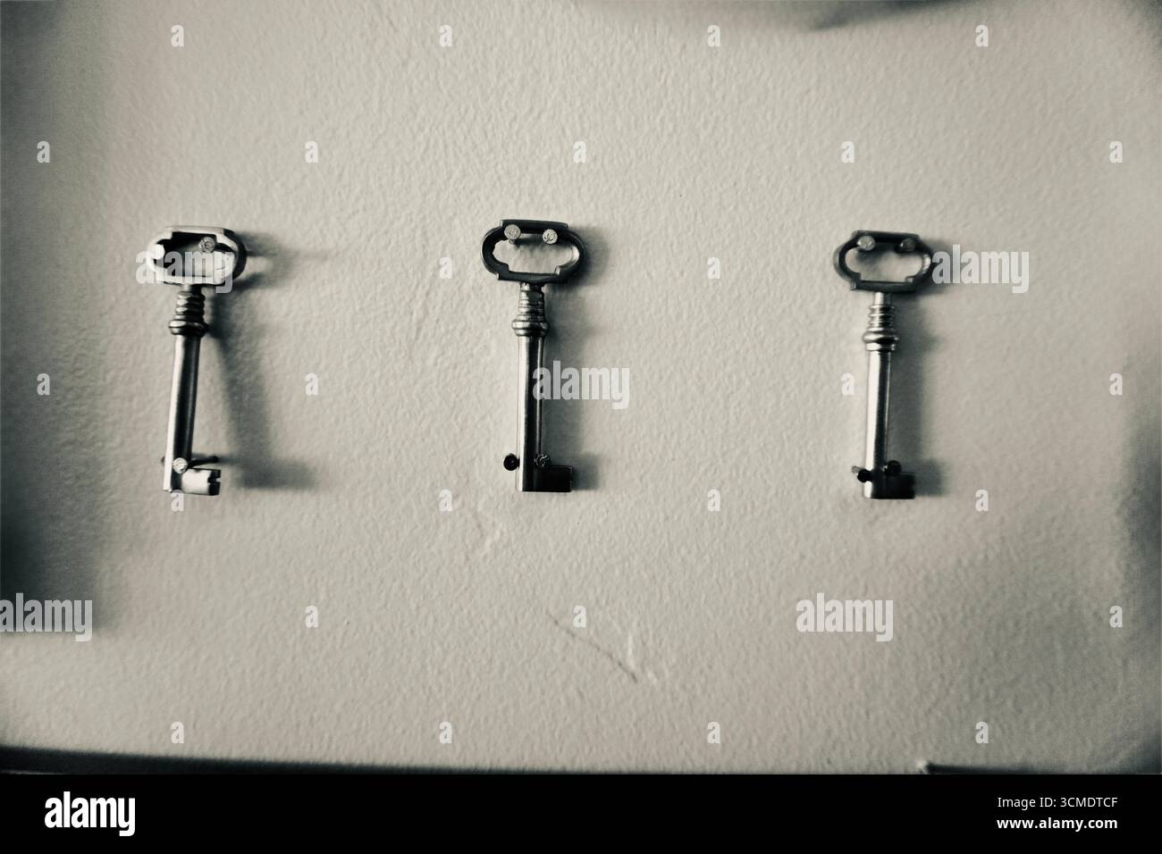 Fotografia in bianco e nero di tre chiavi vintage su un muro Foto Stock