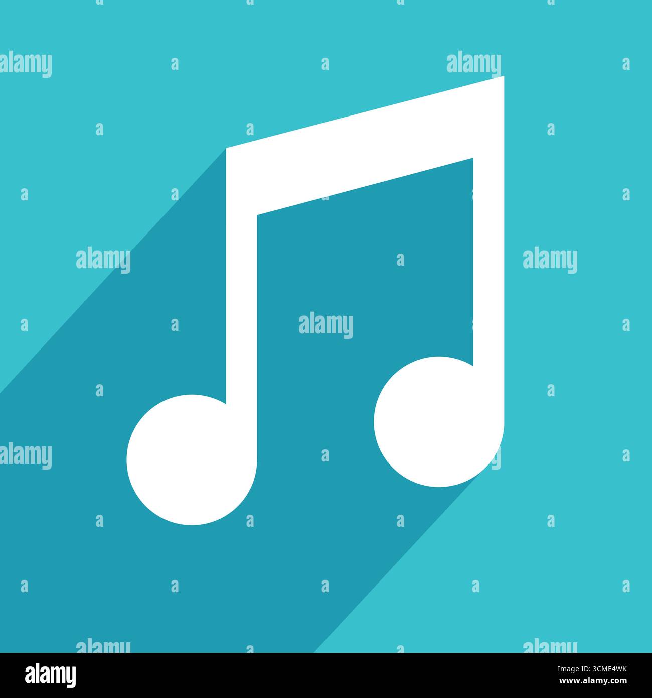 Nota musicale su uno sfondo blu color verde acqua, ottava nota in bianco con elemento di design ombreggiato Illustrazione Vettoriale