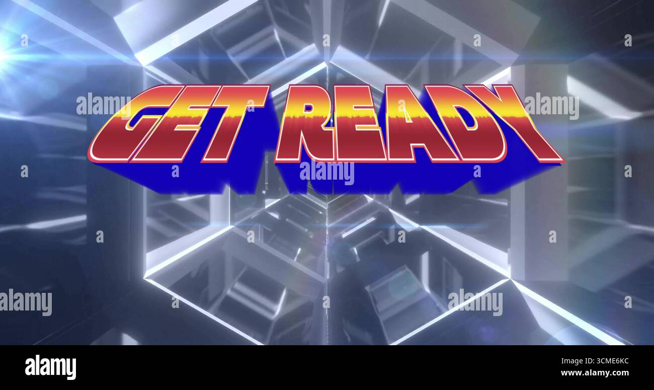3D fluttuante testo PRONTO CHE si illumina in mezzo a fasci metallici in corridoio virtuale, con strisce luminose al neon Foto Stock