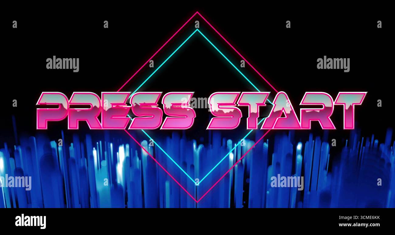 Visualizzazione del testo al neon "PRESS START" che si illumina in una scena retrò, con diamanti al neon e barre equalizzatrici Foto Stock