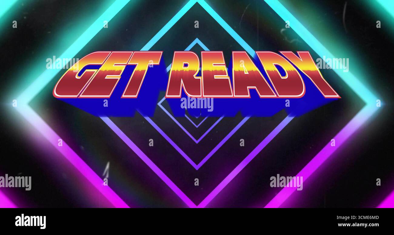 Visualizzazione in grassetto 3D testo PRONTO nel tunnel digitale retrò, con contorni diamantati al neon Foto Stock