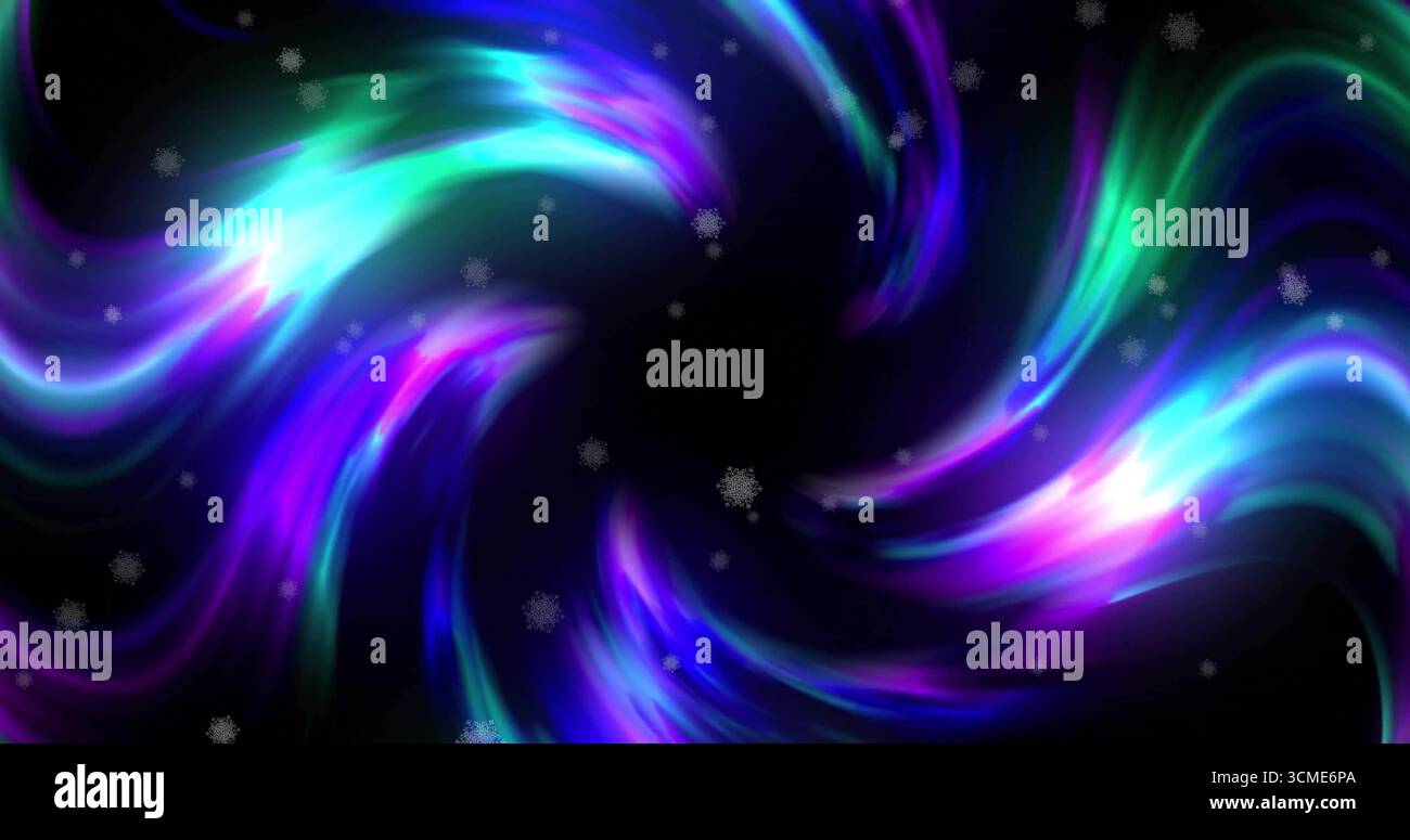Vortice luminoso al neon che si forma nello spazio digitale, con piste luminose e particelle di fiocco di neve Foto Stock