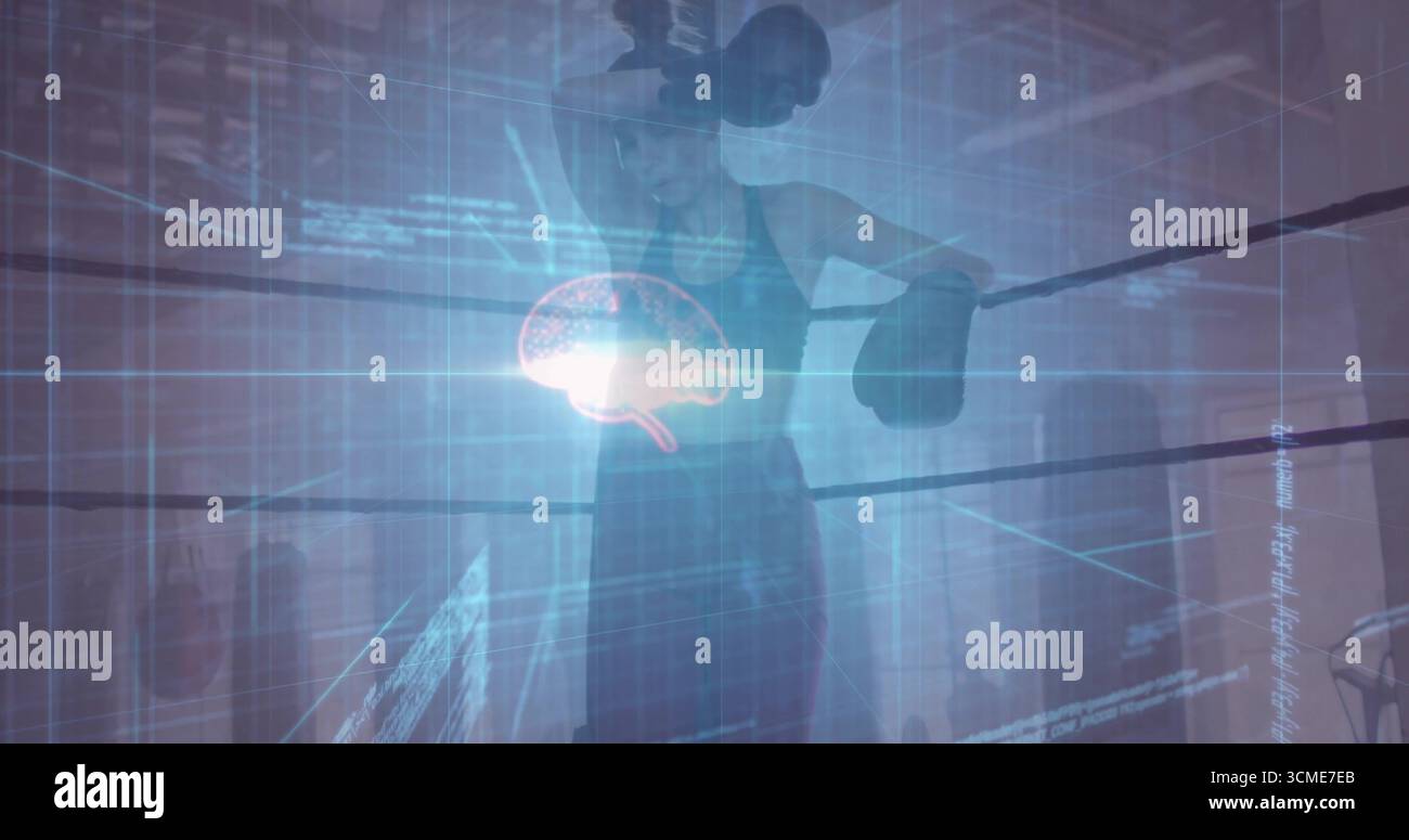 Pugile pendente con un guanto in mano all'interno dell'anello di boxe della palestra, con analisi digitale del cervello Foto Stock