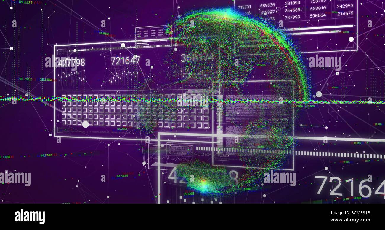 Globo dati mobile che rappresenta la rete nel cyberspazio, con griglia, nodi e letture numeriche dei notebook Foto Stock