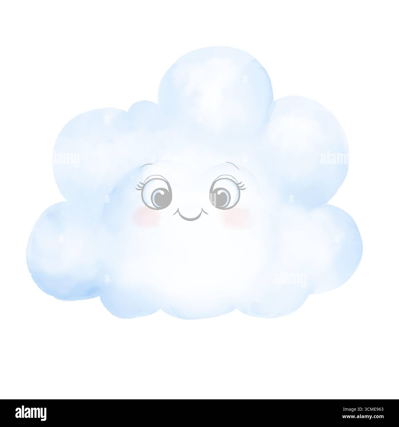 Una soffice nuvola con occhi carini sorride. Illustrazione digitale ad acquerello. la nuvola di un bambino, isolata su uno sfondo bianco. Per le cartoline, per i bambini Foto Stock