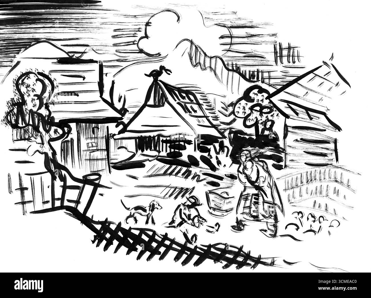 Paesaggio del villaggio di Arnold Peter Weisz Kubincan - disegno rurale modernista ungherese del XX secolo, arte di dominio pubblico Foto Stock