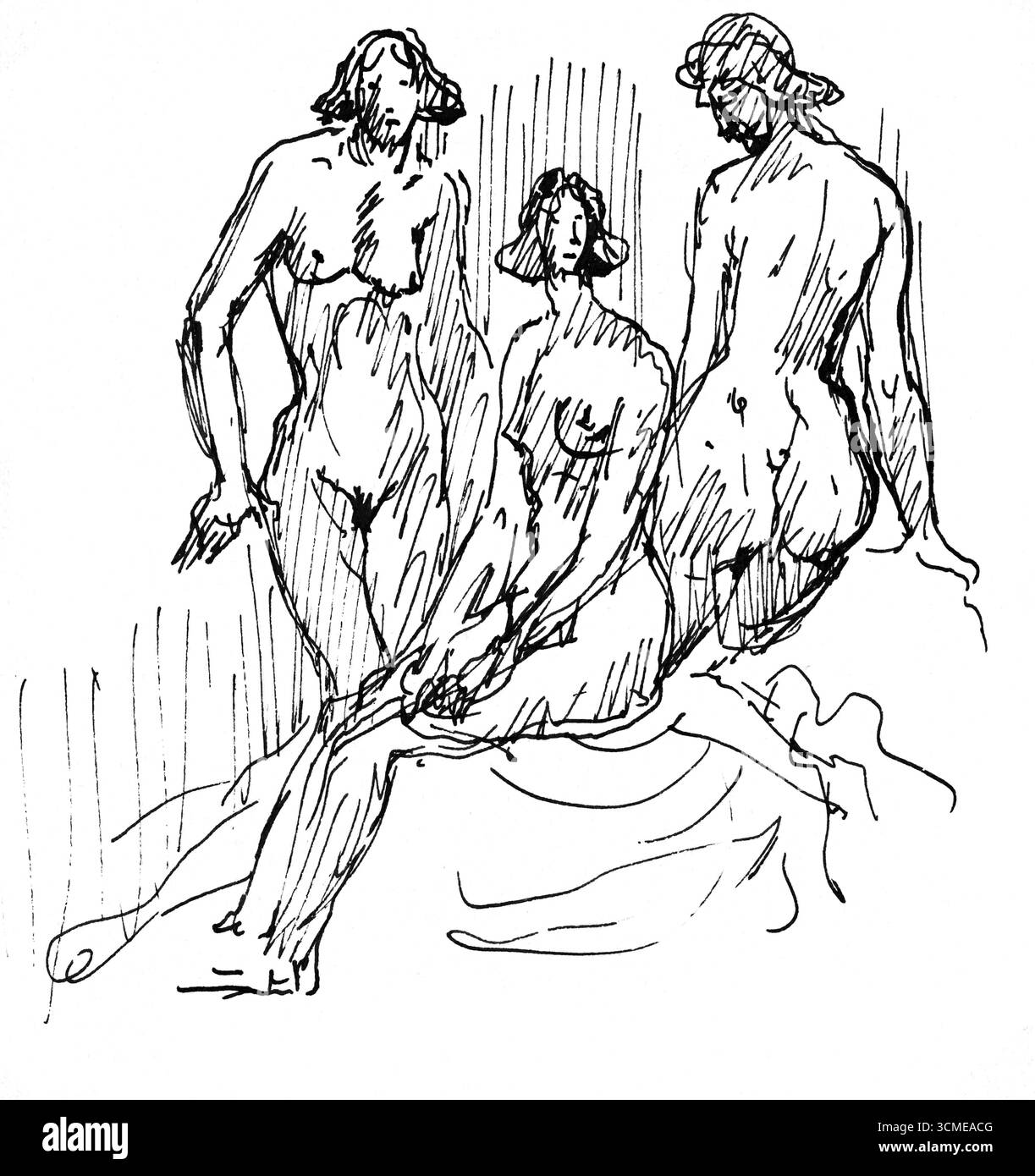 Tre figure femminili di Arnold Peter Weisz Kubincan - disegno figurativo modernista ungherese dell'inizio del XX secolo, studio espressivo, arte di pubblico dominio Foto Stock