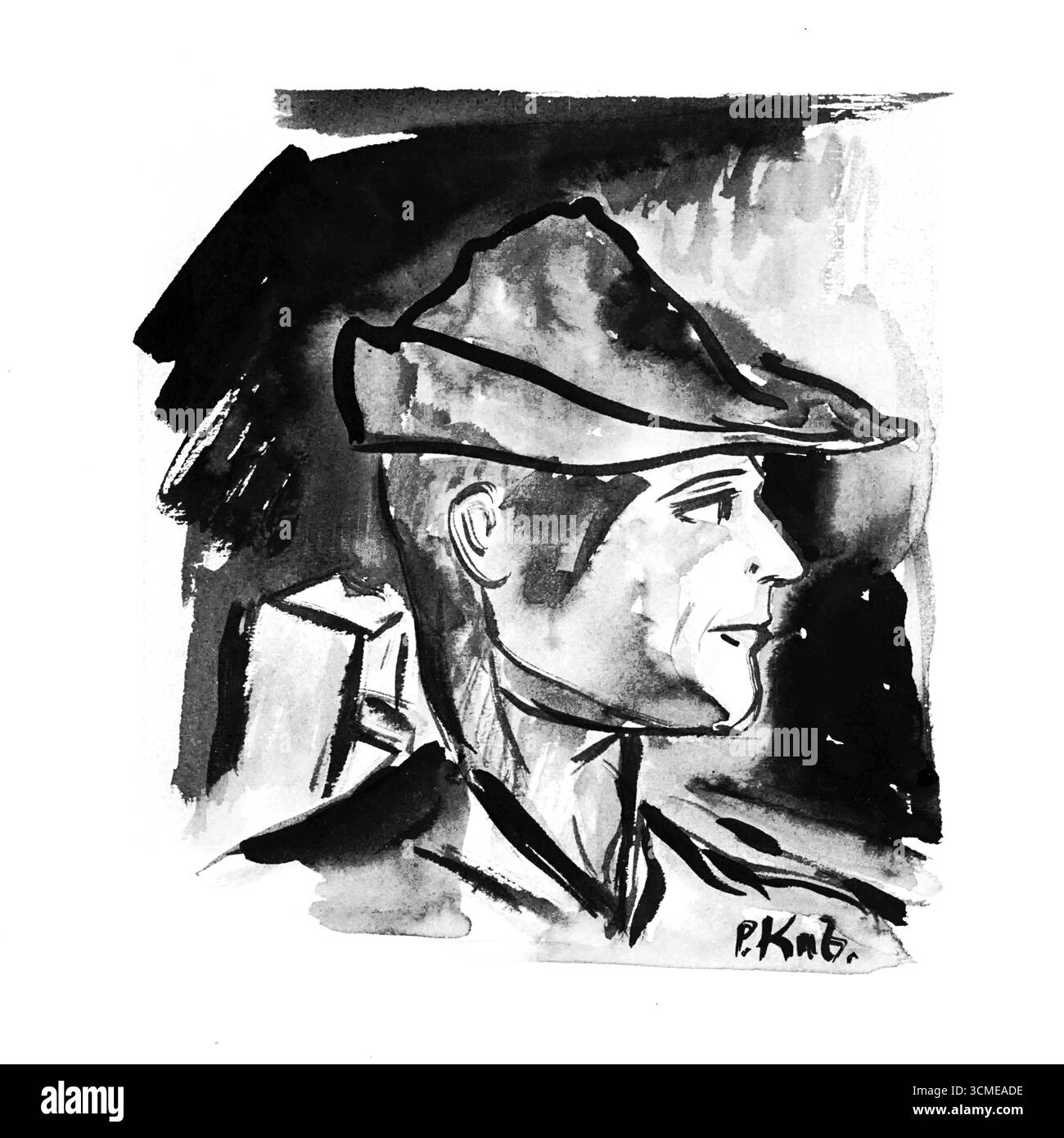 The Man in the Hat di Arnold Peter Weisz Kubincan - Ritratto modernista ungherese dell'inizio del XX secolo, disegno figurativo, dominio pubblico ad alta risoluzione Foto Stock