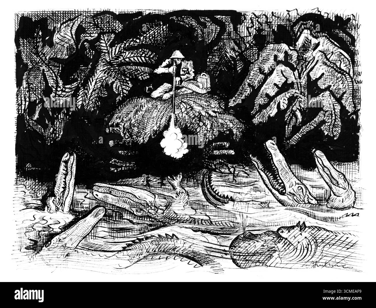 Storie in Wilderness vi di Arnold Peter Weisz Kubincan - disegno modernista ungherese dell'inizio del XX secolo di cacciatori, figure e natura rurale Foto Stock
