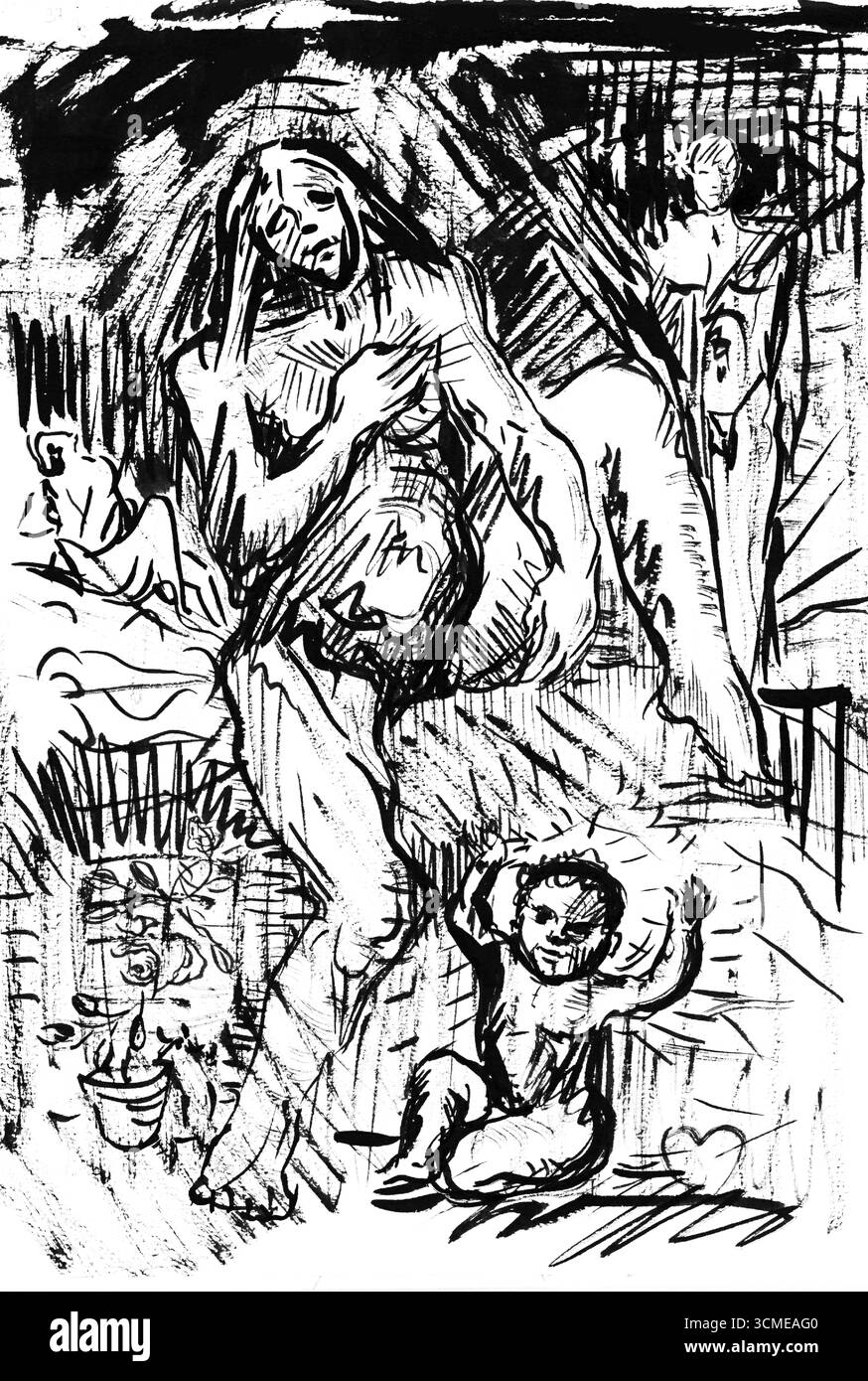 Sketchbook 19: A Mother with a Child and a Man di Arnold Peter Weisz Kubincan, disegno di famiglia modernista slovacca all'inizio del XX secolo, arte di dominio pubblico Foto Stock