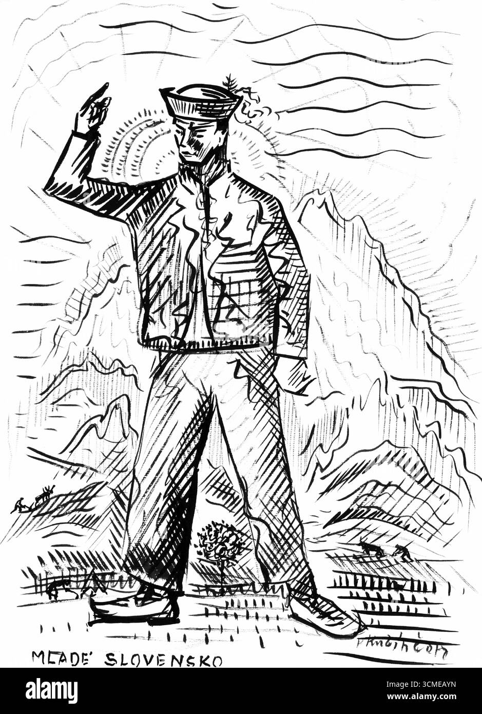 Young Slovakia di Arnold Peter Weisz Kubincan - disegno figurativo modernista ungherese dell'inizio del XX secolo, studio culturale, arte di pubblico dominio Foto Stock