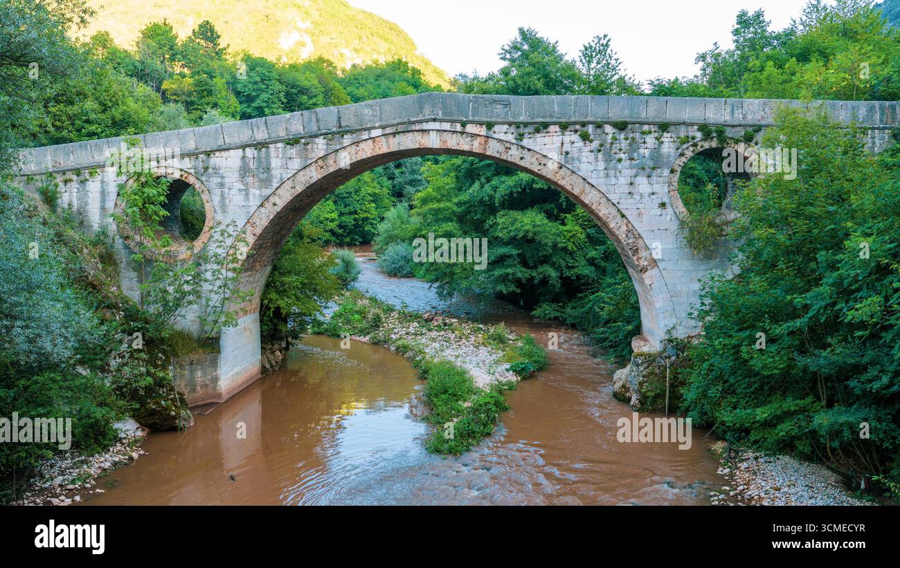 Storico ponte Kozja Cuprija sul fiume Miljacka con la foresta circostante e il paesaggio naturale vicino a Sarajevo Foto Stock