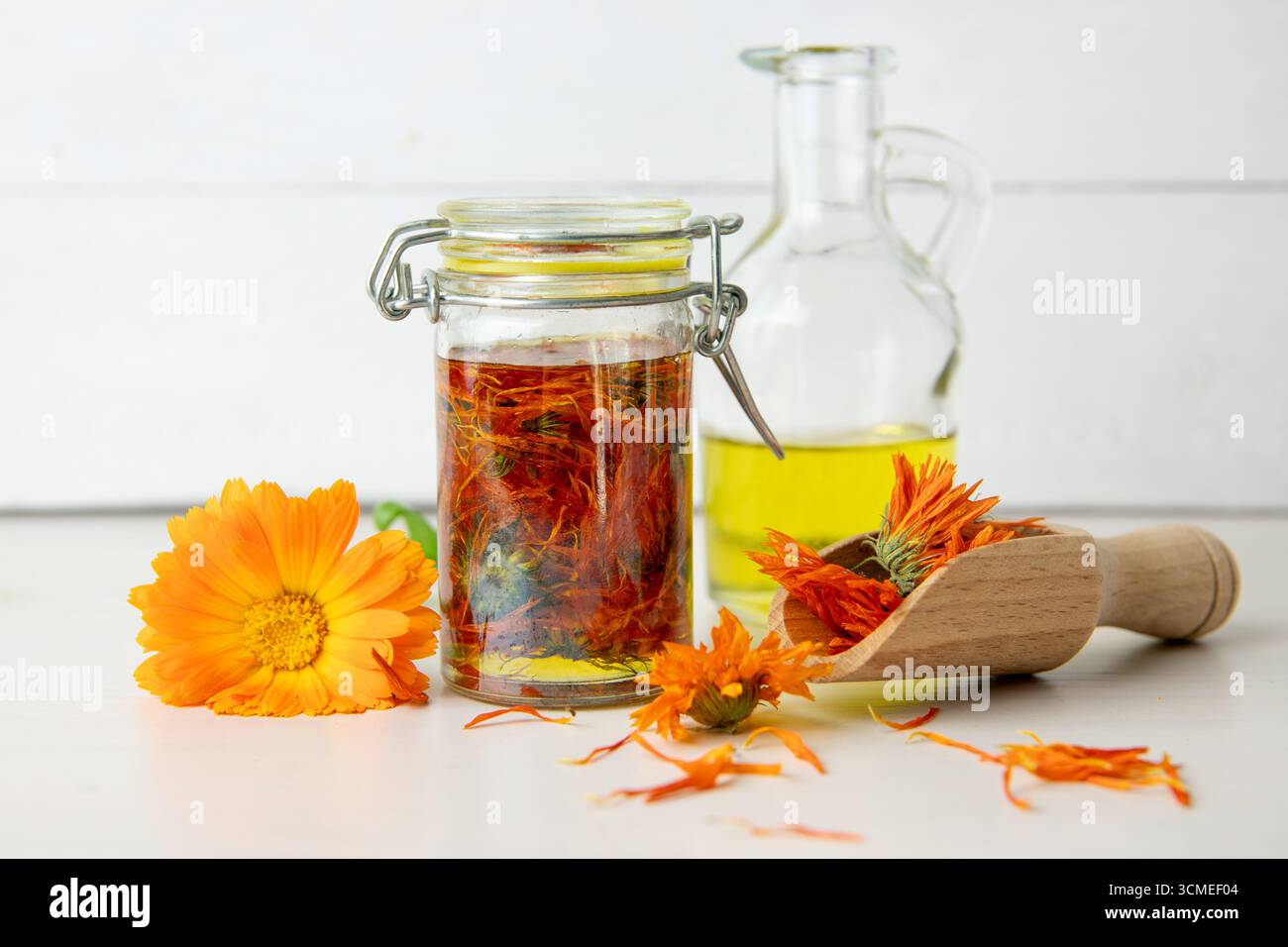 Preparazione di Calendula officinalis, olio per infusione fredda di calendula comune in vaso di vetro. I fiori secchi sono immersi nell'olio d'oliva a temperatura ambiente. Foto Stock
