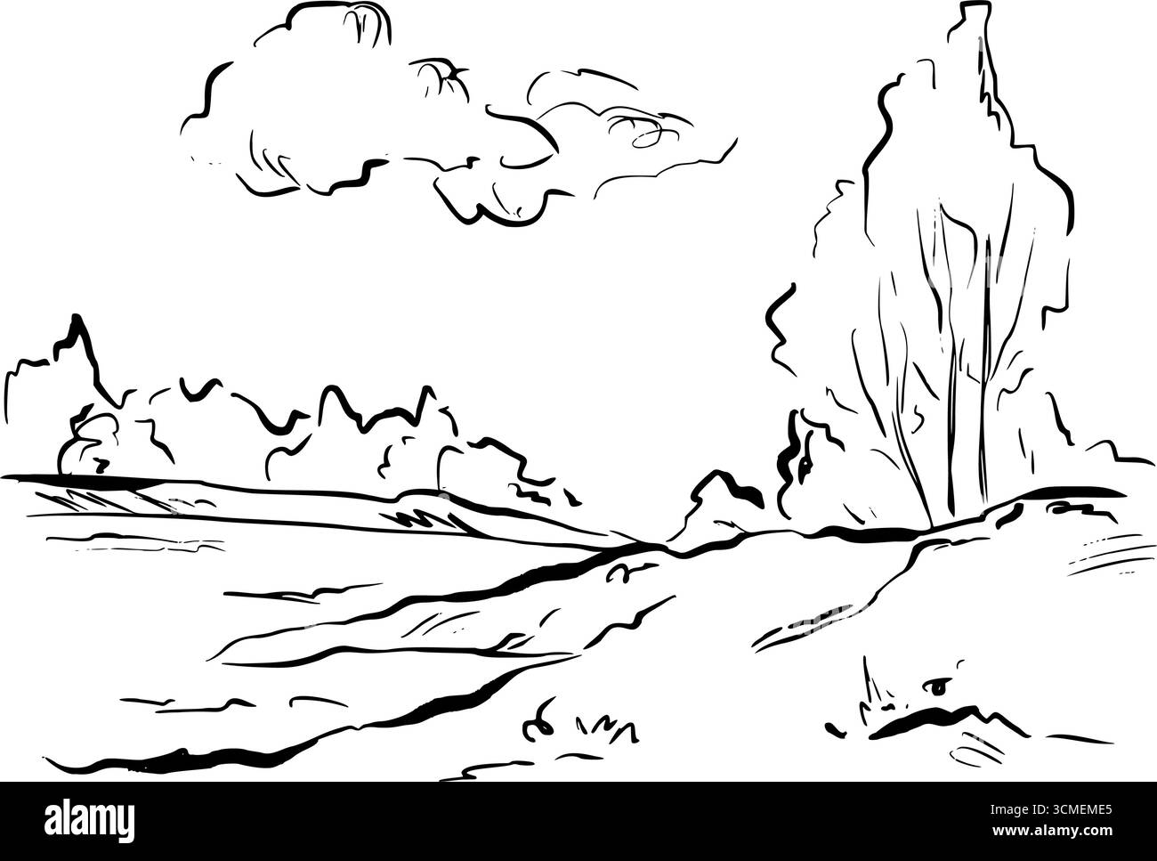 Paesaggio panoramico con alberi, sponda del fiume e cielo. Grafica vettoriale per disegnare rapidamente un'illustrazione grafica della linea. Ideale per romantici temi di libri e natura Illustrazione Vettoriale