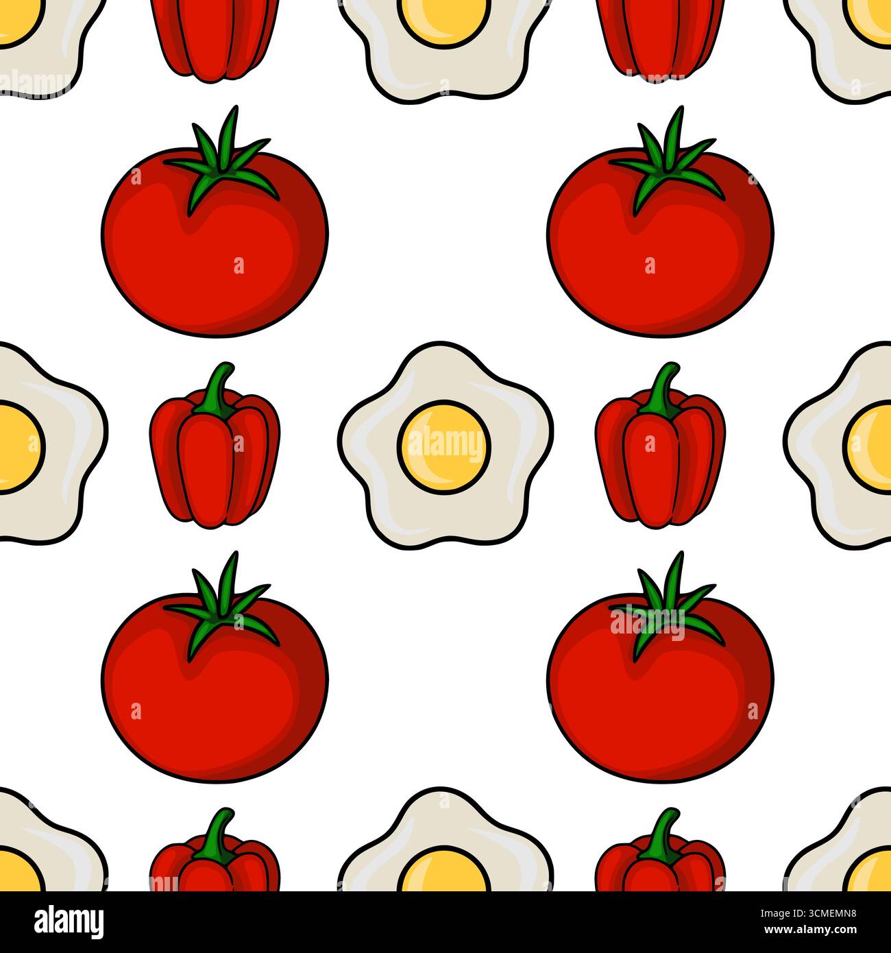 Motivo vettoriale senza cuciture con una allegra disposizione di uova fritte, pomodori rossi e peperoni, creando un design vivace e appetitoso ideale Illustrazione Vettoriale