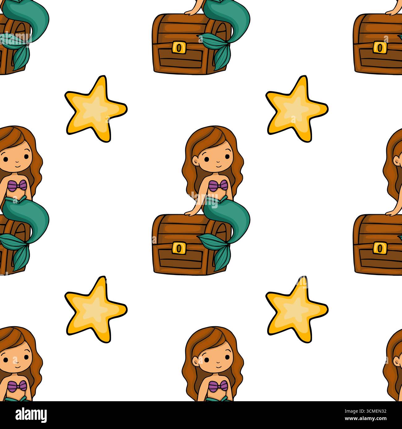 Motivo vettoriale senza cuciture con adorabili sirene dei cartoni animati sedute su forzieri, accompagnate da stelle marine gialle, che creano un sottobosco stravagante Illustrazione Vettoriale