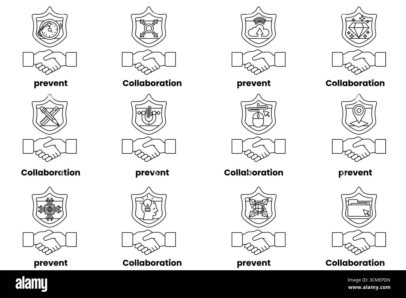 Una serie di strette di mano con le parole collaborazione, prevenzione e collaborazione scritte sotto di esse. Concetto di collaborazione e prevenzione dei problemi Illustrazione Vettoriale