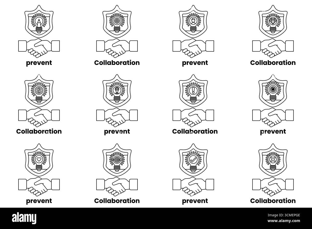 Una serie di strette di mano con le parole collaborazione, prevenzione e collaborazione scritte sotto di esse. Concetto di collaborazione e prevenzione dei problemi Illustrazione Vettoriale
