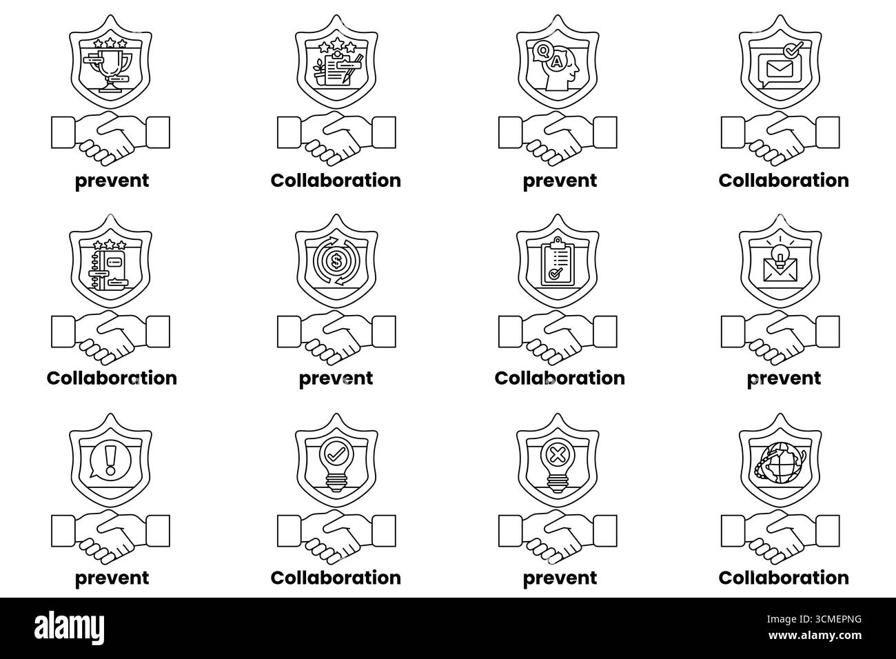 Una serie di strette di mano con le parole collaborazione, prevenzione e collaborazione scritte sotto di esse. Concetto di collaborazione e prevenzione dei problemi Illustrazione Vettoriale