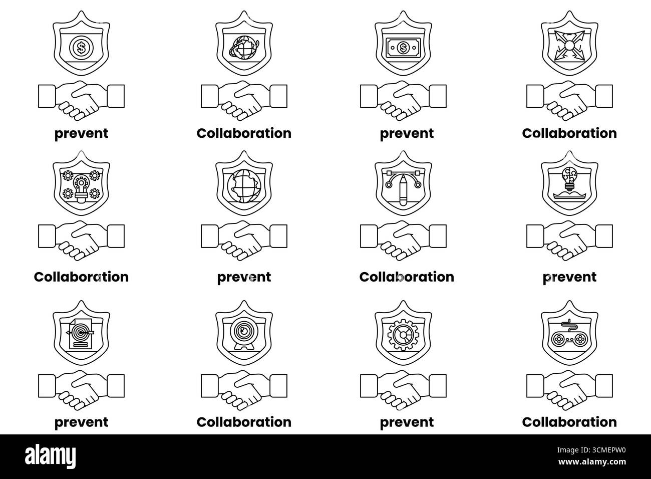 Una serie di strette di mano con le parole collaborazione, prevenzione e collaborazione scritte sotto di esse. Concetto di collaborazione e prevenzione dei problemi Illustrazione Vettoriale