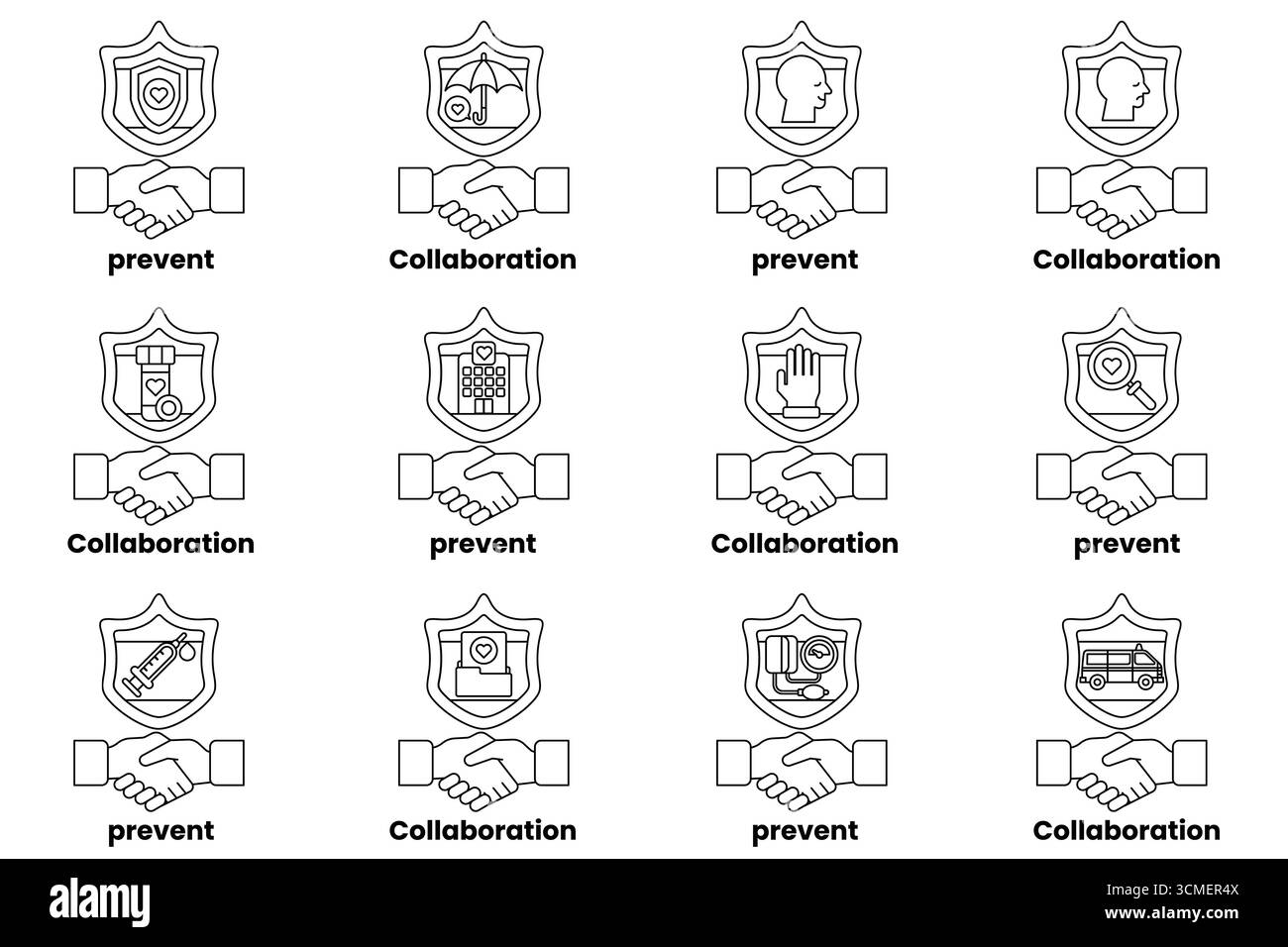 Una serie di strette di mano con le parole collaborazione, prevenzione e collaborazione scritte sotto di esse. Concetto di collaborazione e prevenzione dei problemi Illustrazione Vettoriale