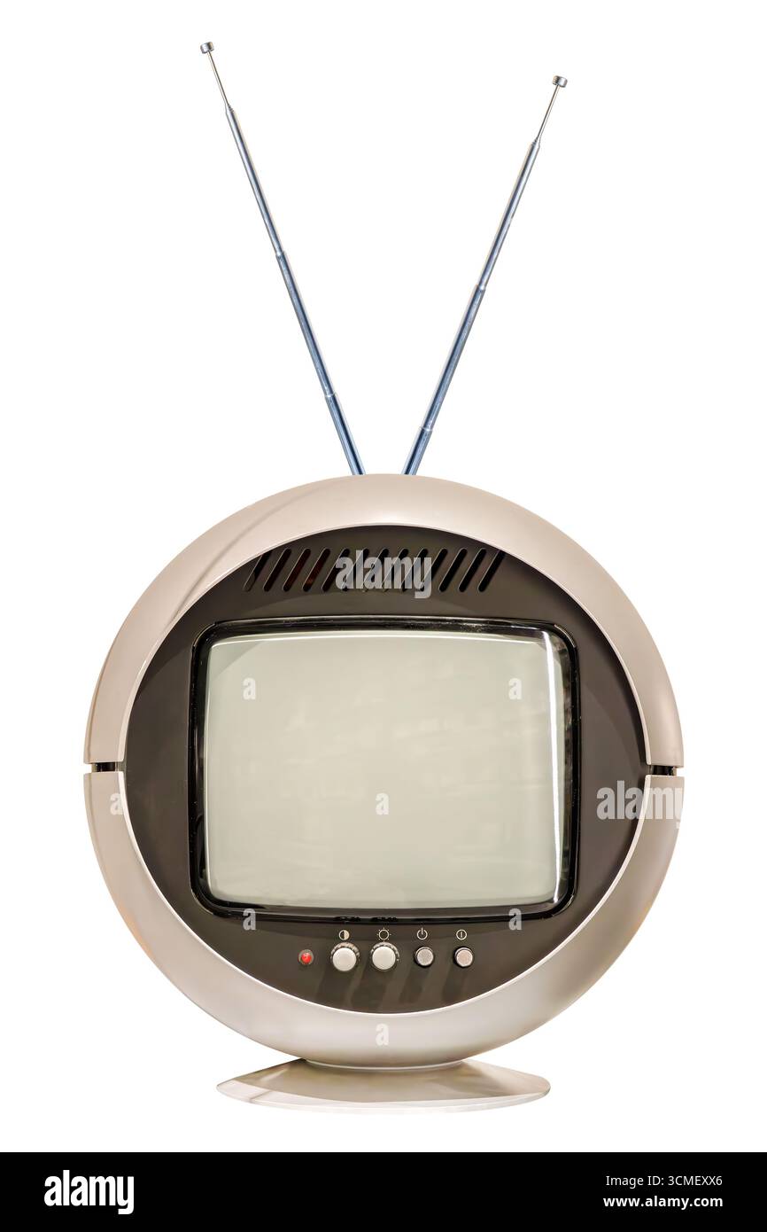 Televisore a spage rotondo grigio retrò anni Settanta con antenna isolata su sfondo bianco Foto Stock