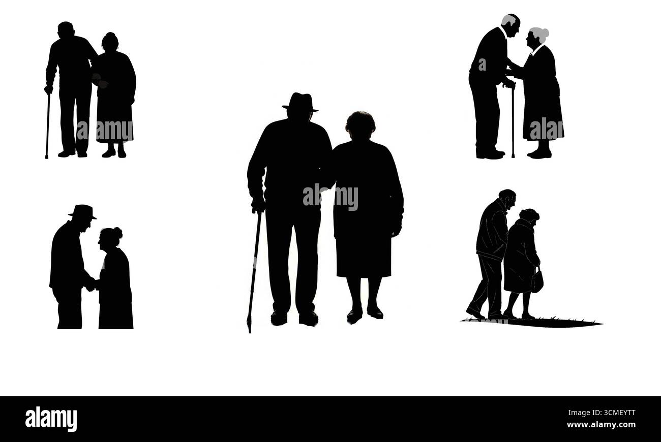 Silhouette Collection di coppie anziane che camminano e si tengono per mano - illustrazione del Vecchio con moglie vettoriale Illustrazione Vettoriale
